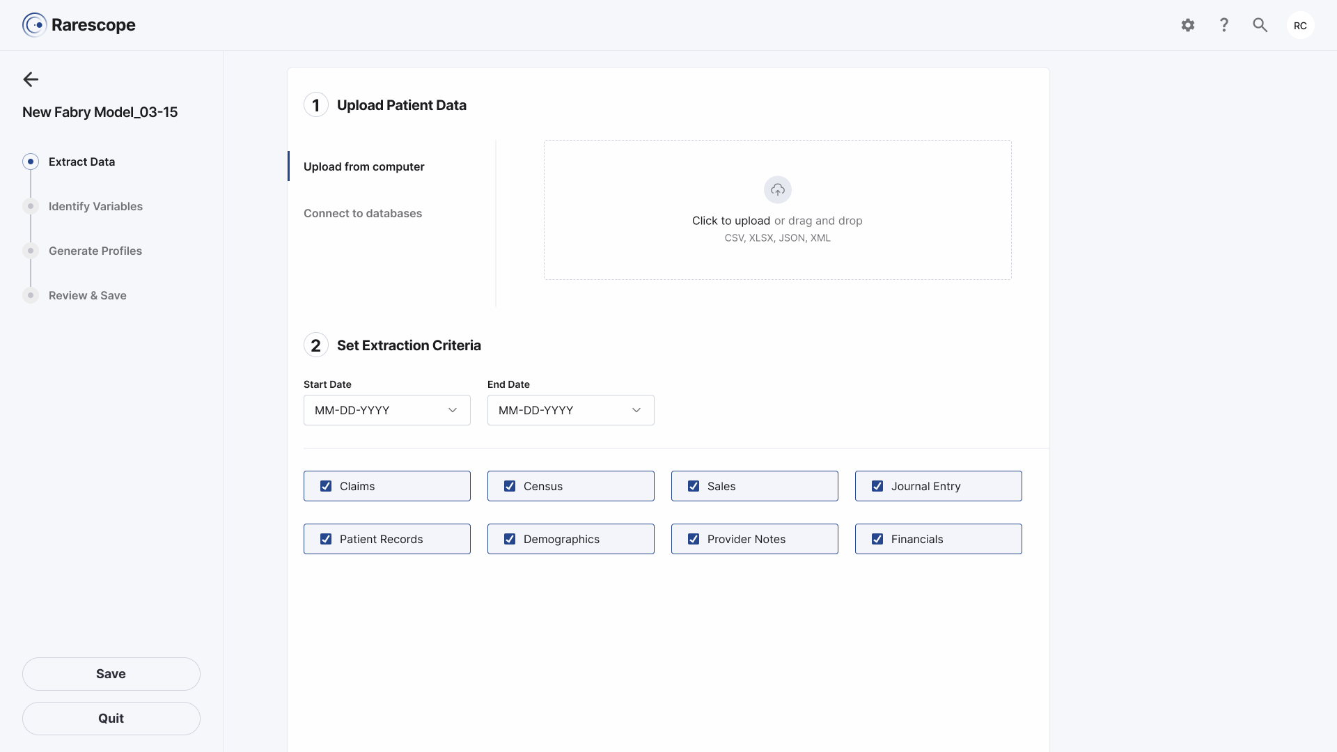Rarescope data extraction workflow screen
