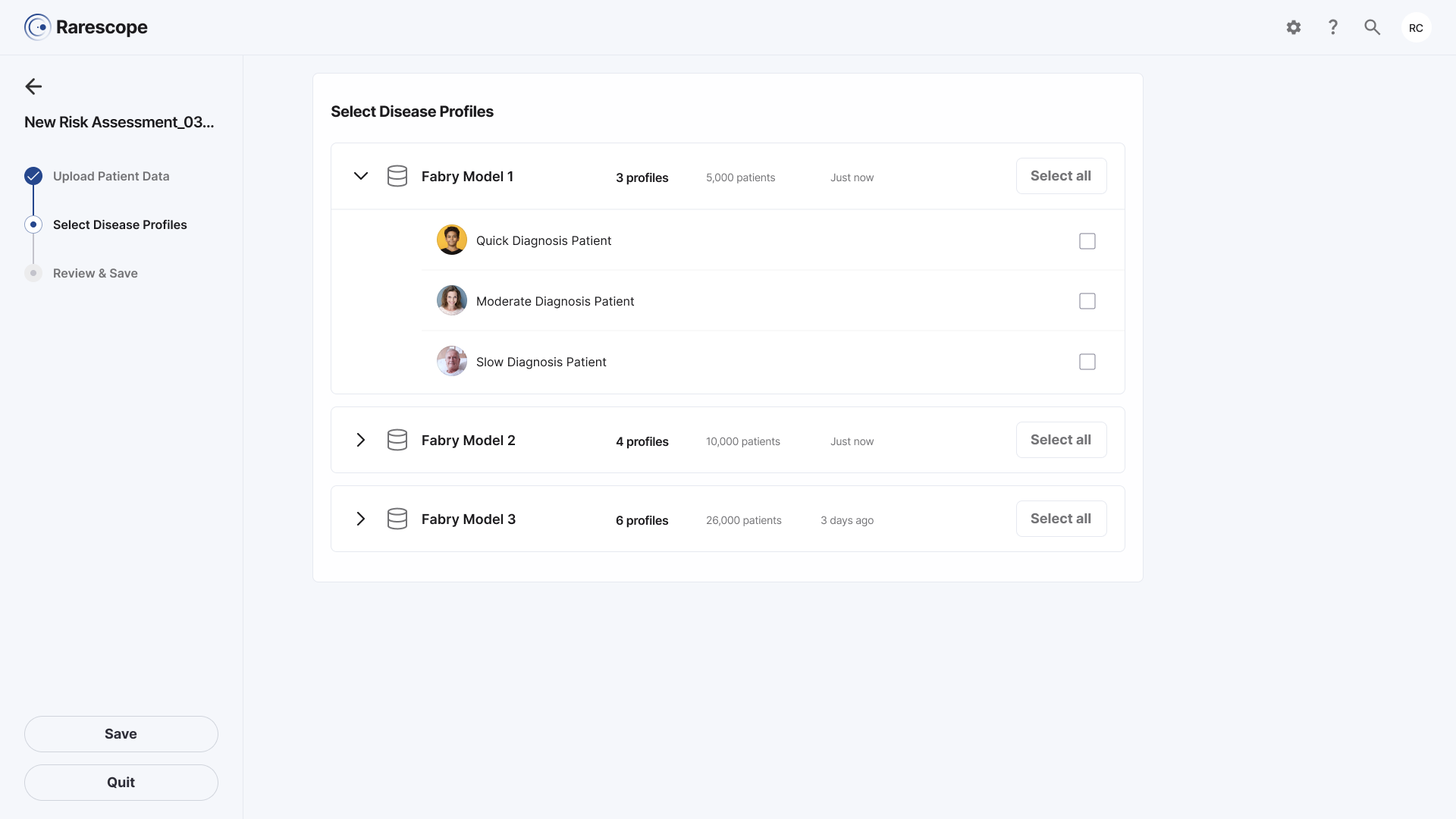 Rarescope disease profile selection screen