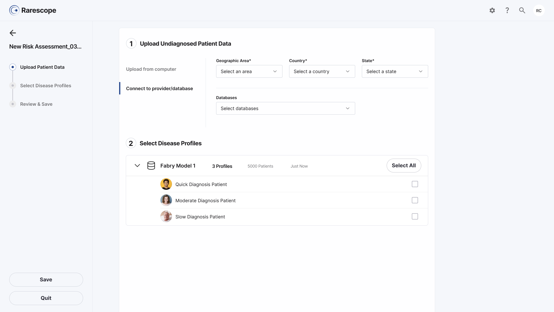 Rarescope patient profile generation screen
